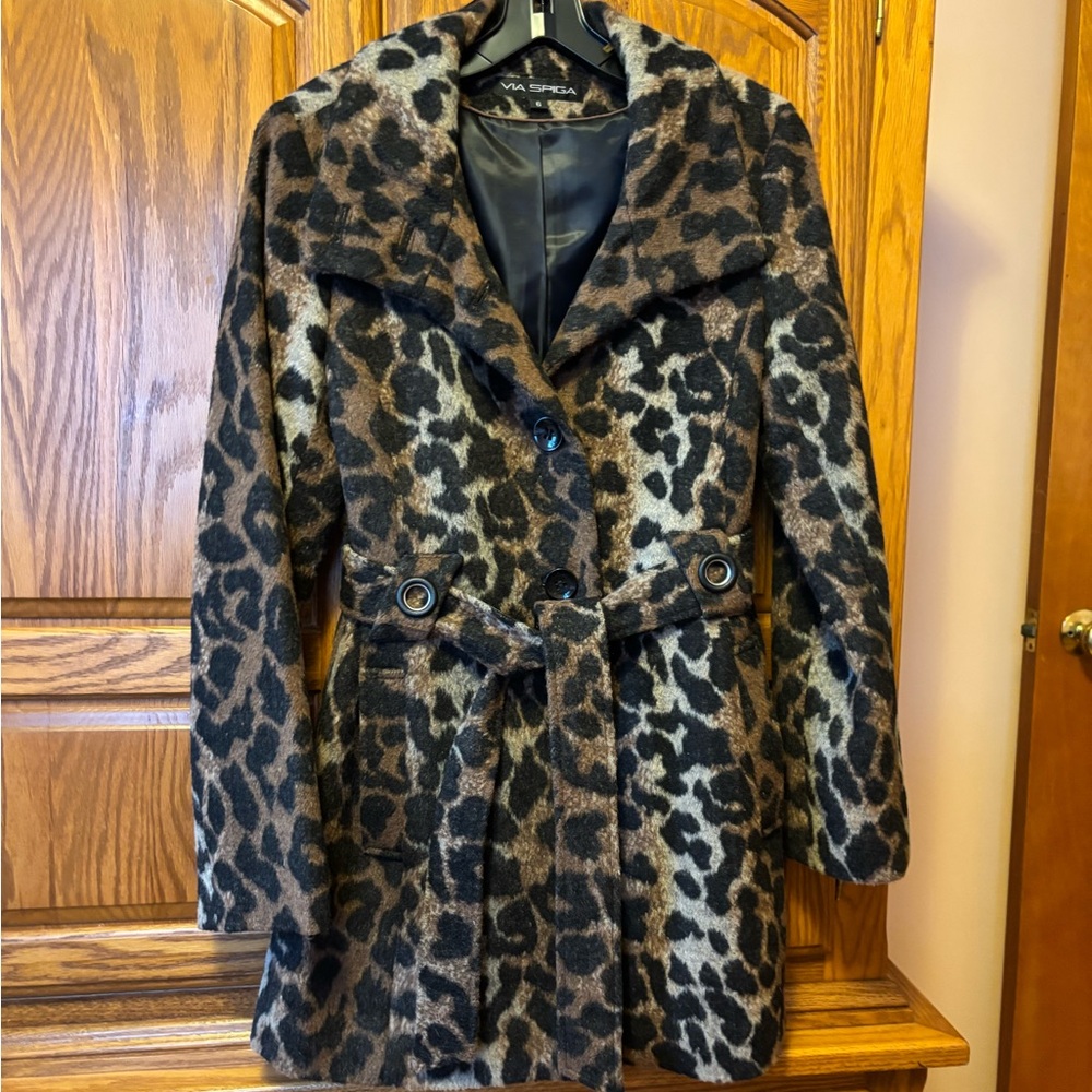 Via Spiga Wool & Polyester Leopard Coat Size 6 Like New